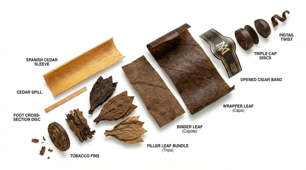 Premium cigar with custom gold-foil band — anatomy reveal