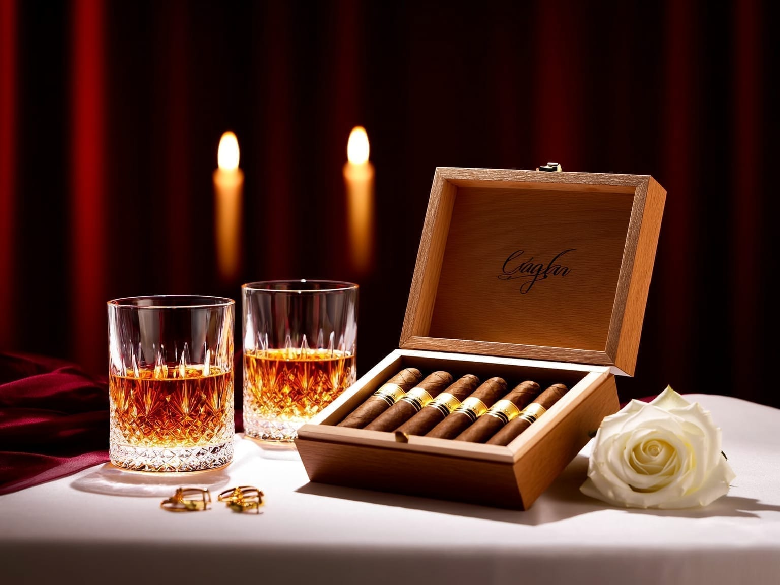 Open walnut cigar gift box with custom-banded cigars beside crystal whisky glasses in candlelight